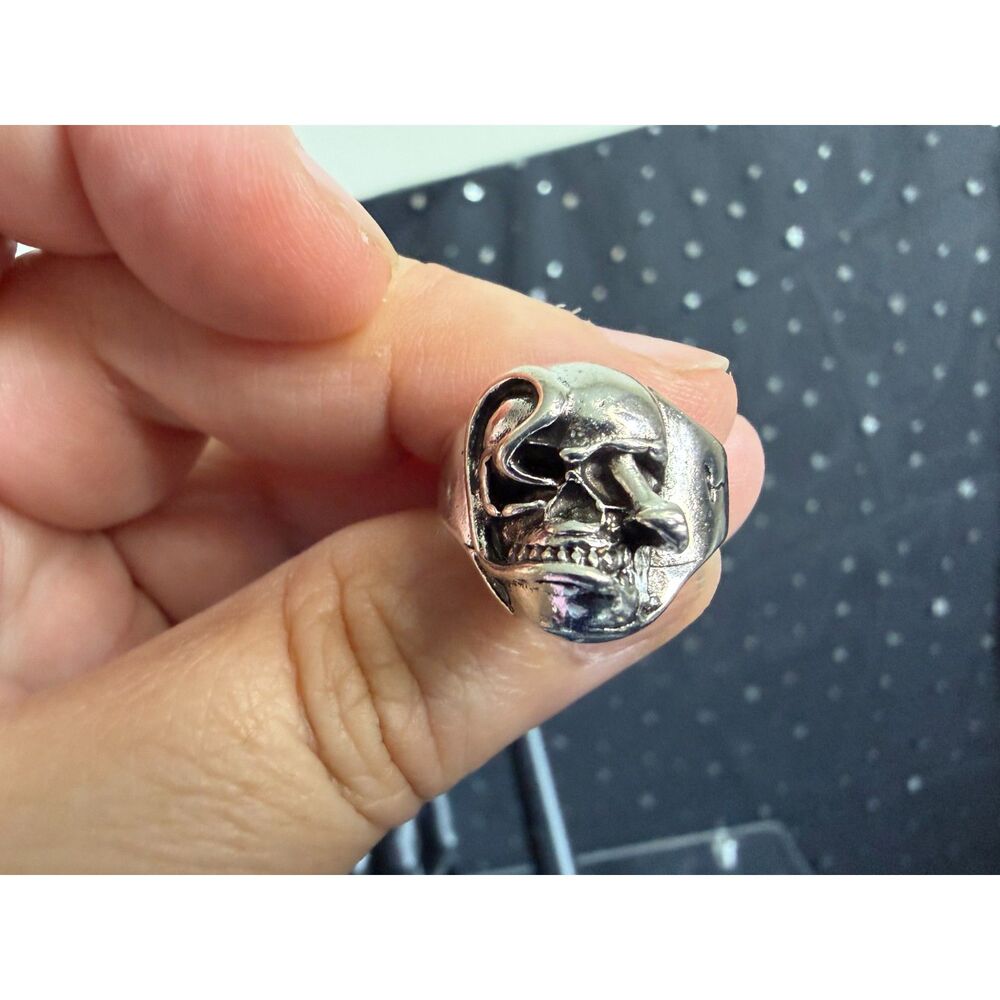 Skull and Snake Ring Size 8 Silver Tone Gothic Biker Statement Ring